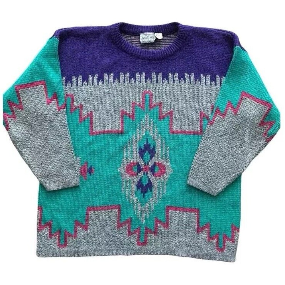 Vtg 90s Abstract Aztec Sweater Made In USA Renaissance Knitwear Pink Purple OSFA